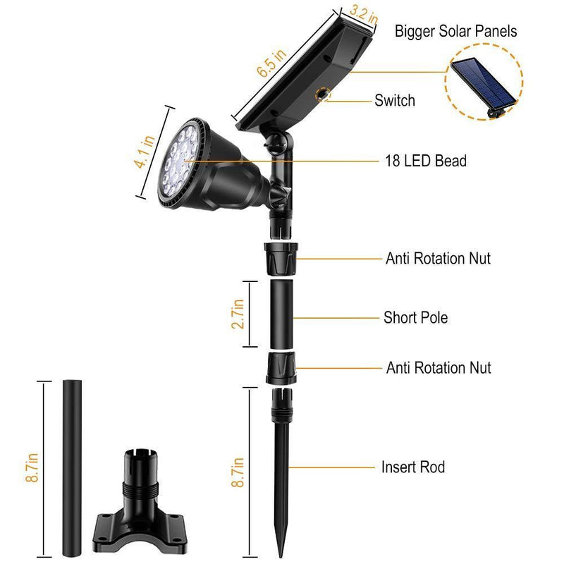 ROSHWEY Outdoor Solar Spotlights, Super Bright 18 LED Security Light Waterproof Wall Lamps for Garden Landscape Patio Porch Deck Garage (Cool White, 2 Pack)