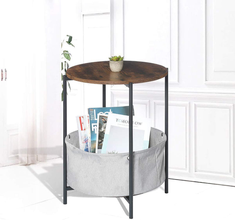 KingSo End Table, 2-Tier Round Industrial Nightstand with Storage Bag, Easy Assembly & Sturdy Sofa Coffee Table for Living Room, Bedroom, Metal Frame Side Table Rustic Brown