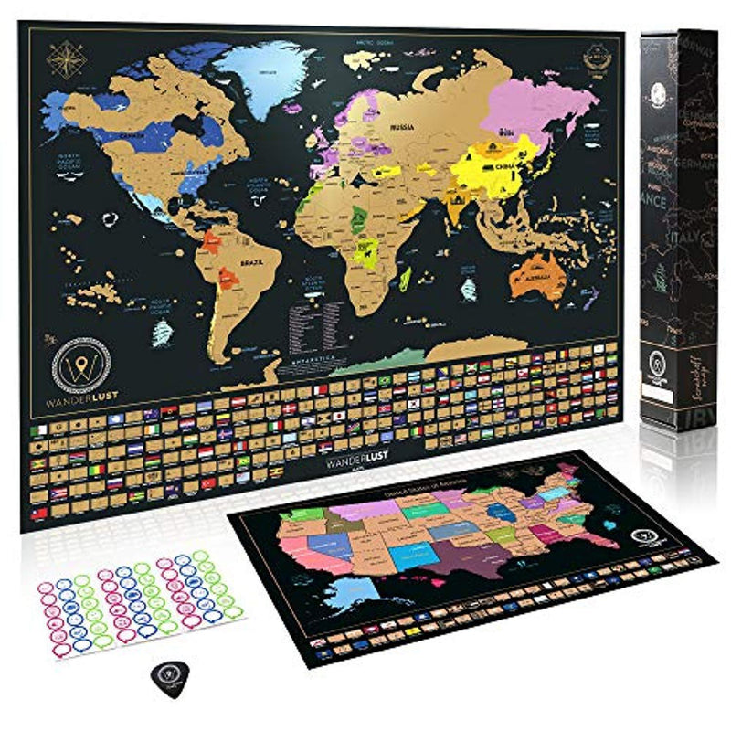 Scratch Off World Map + Premium Scratch Off USA Map - Deluxe Tube Can Be Gift Messaged and Includes Precision Scratch Tool and Travel Memory Stickers, by Wanderlust Maps