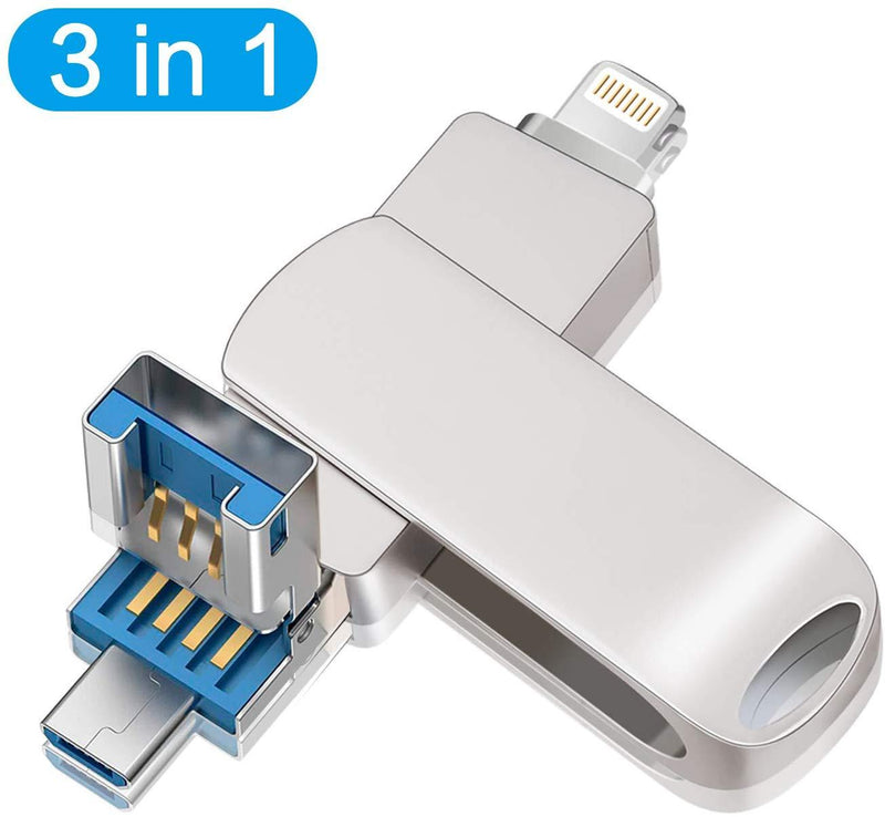 USB Flash Drive for iPhone iPad 32GB USB 3.0, 3 in 1 Lightning Flash Drive Photo Stick, iOS External Storage Memory Stick Thumb Drive for Android MacBook Windows PC OTG (32GB)