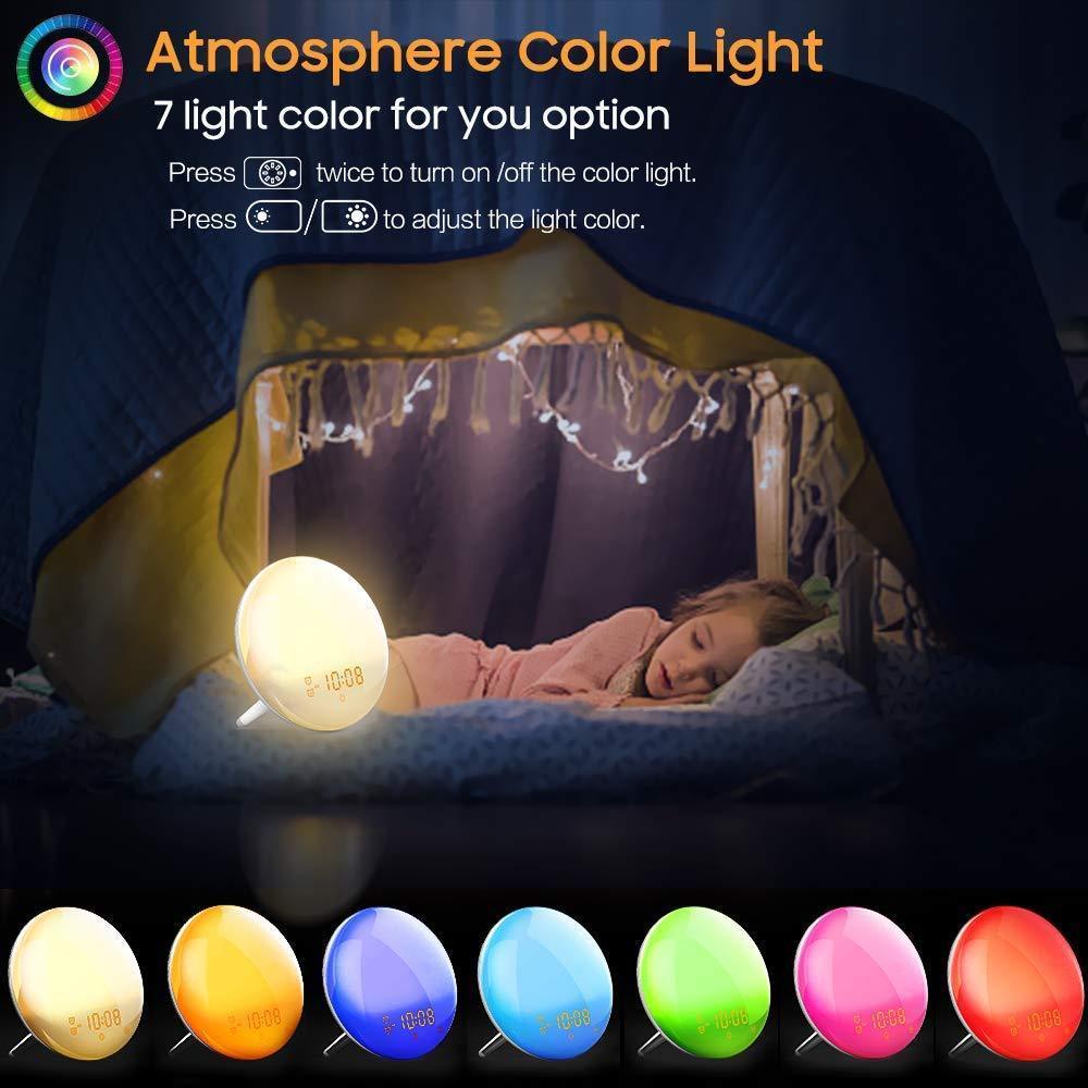 Wake Up Light, Cshidworld Sunrise Alarm Clock 7 Colored Sunrise Simulation & Sleep Aid Feature, Dual Digital LED Alarm Clock with FM Radio, 7 Natural Sound and Snooze for Kids Adults Bedrooms by Cshidworld