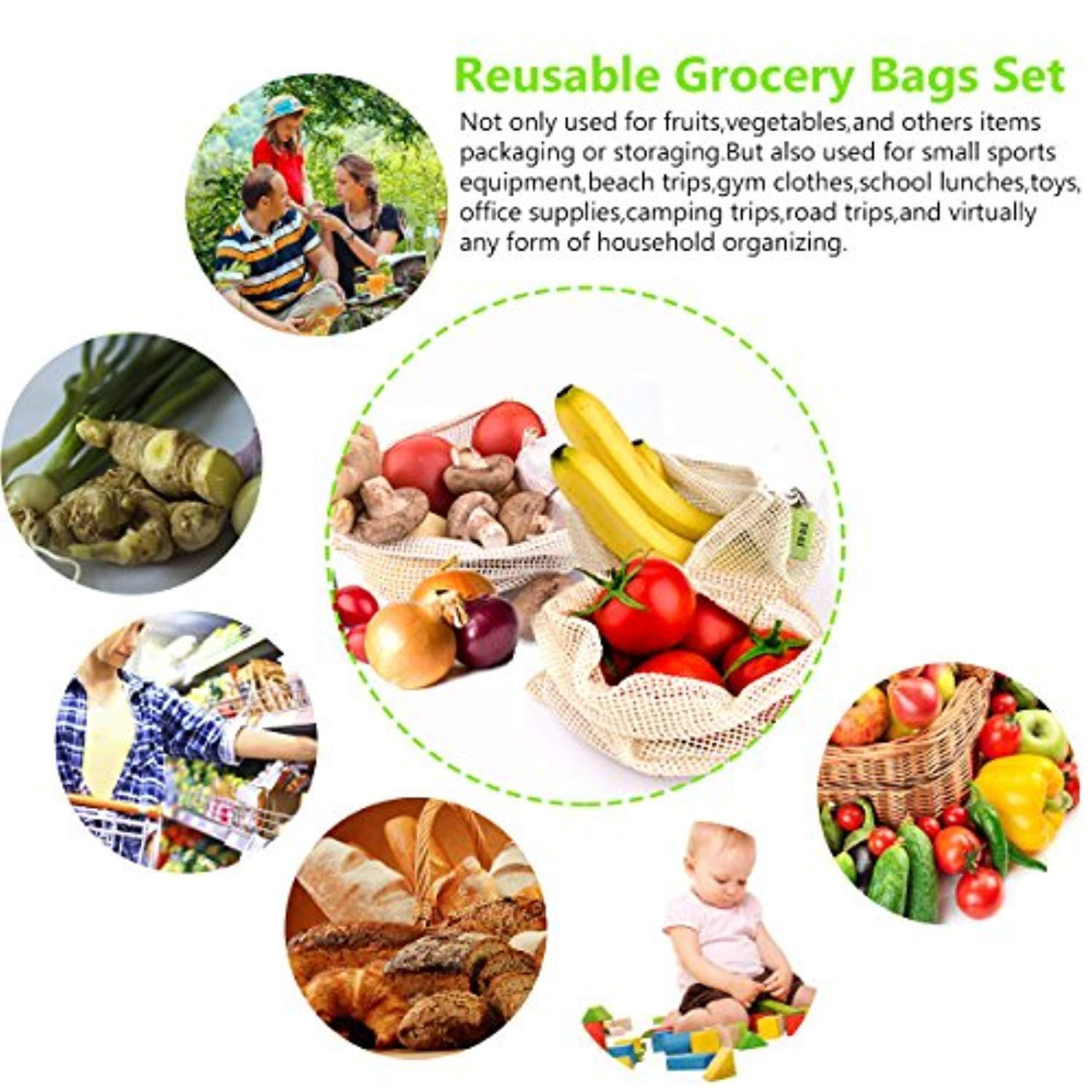 QYQBOON Reusable Mesh Produce Bags, Zero Waste Eco-Friendly Natural & Healthy Organic Cotton Drawstring Net Bag for Grocery Shopping Storage Set of 8 (3 Small - 3 Medium - 2 Large)