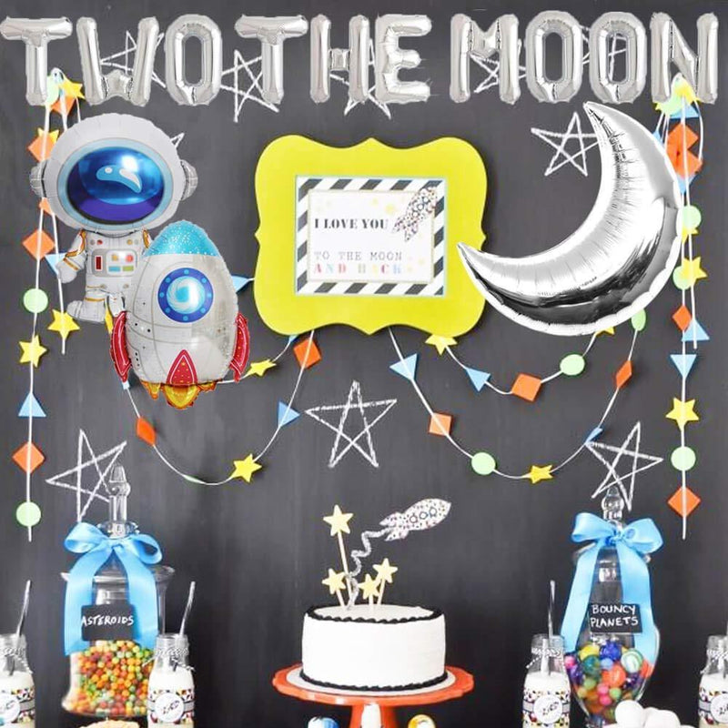 HEETON Two the Moon Balloons, 2 the Moon Space Birthday Party Banner, Galaxy Astronaut Space Man Robot UFO Theme baby 2nd Birthday Party Supplies Decoration