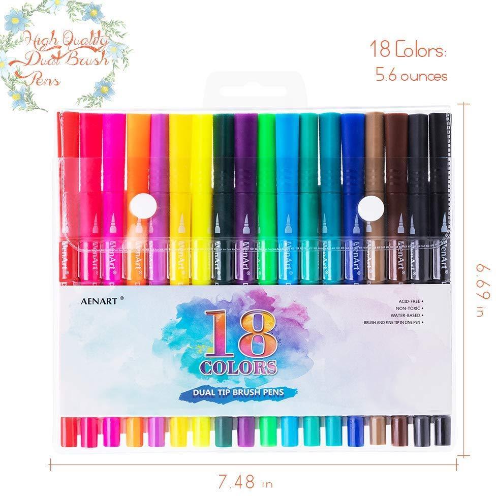 18 Pack Dual Brush Calligraphy Marker Pens for Beginners, Brush Tips & Colored Fine Point Bullet Journal Pen Set for Lettering Writing Coloring Drawing (School Office Art Supplies) by Aen Art