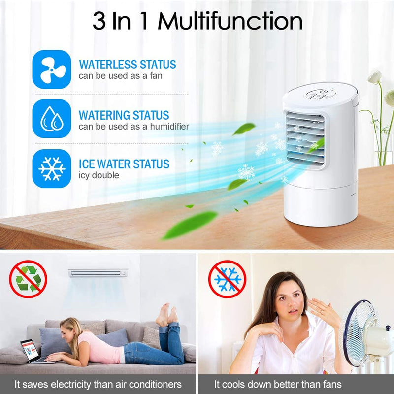 MOSAJIE Personal Air Cooler, Portable Air Conditioner, Desktop Cooling Fan, Mini Space Evaporative Air Cooler with with 7 Colors LED Lights, Timer, Handle, 3 Speeds for Home, Office, Room