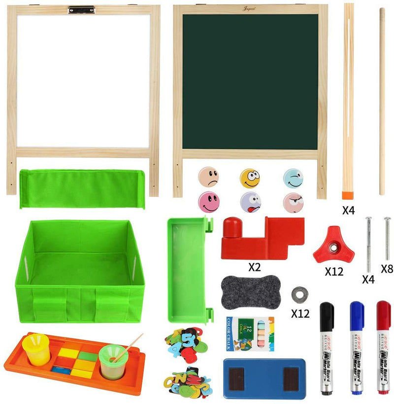 Evergreen Art Supply 3 In 1 Kids Wooden Art Easel with Bonus Kids Art Supplies, Double Sided Children Easel Chalkboard / Magnetic Dry Erase Board