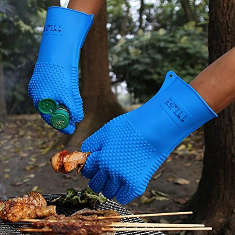 TTLIFE XL 13.5" Long Silicone Heat Resistant BBQ Grill Oven Gloves for Cooking, Baking, Smoking & Potholder - 1 Pair - FDA Approved (Blue) - For Extra Forearm Protection