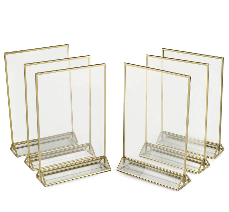 SUPER STAR QUALITY Clear Acrylic 2 Sided Frames With Gold Borders and Vertical Stand (Pack of 6) ) | Ideal for Wedding Table Number Holder, Double Sided Sign, Clear Photos, Menu Holders