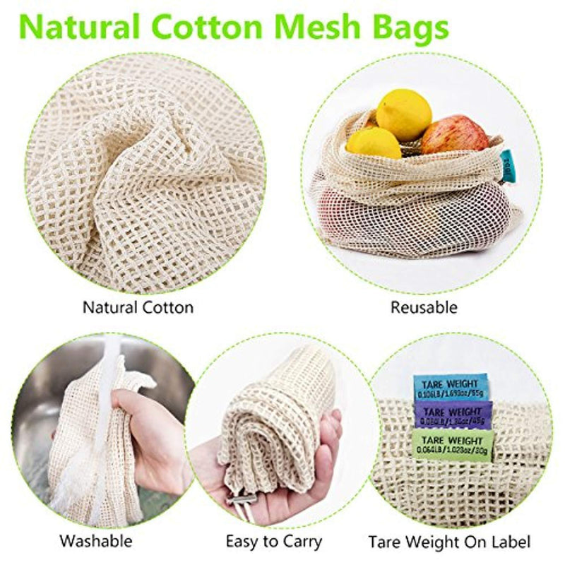QYQBOON Reusable Mesh Produce Bags, Zero Waste Eco-Friendly Natural & Healthy Organic Cotton Drawstring Net Bag for Grocery Shopping Storage Set of 8 (3 Small - 3 Medium - 2 Large)