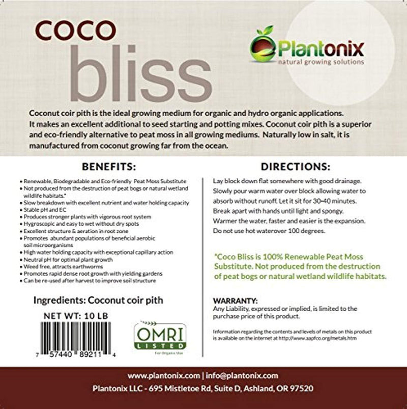 Coco Bliss Premium Coconut Coir Pith 10 lbs Brick/Block, OMRI Listed for Organic Use