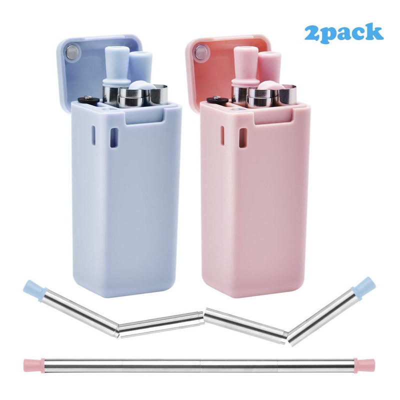 HIHOPER 2 Pack Collapsible Reusable Straw,Composed of Stainless Steel and Premium Food-Grade Silicone,Portable Set with ABS Hard Case Holder and Cleaning Brush,For Party,Travel,etc.(Black&Blue)