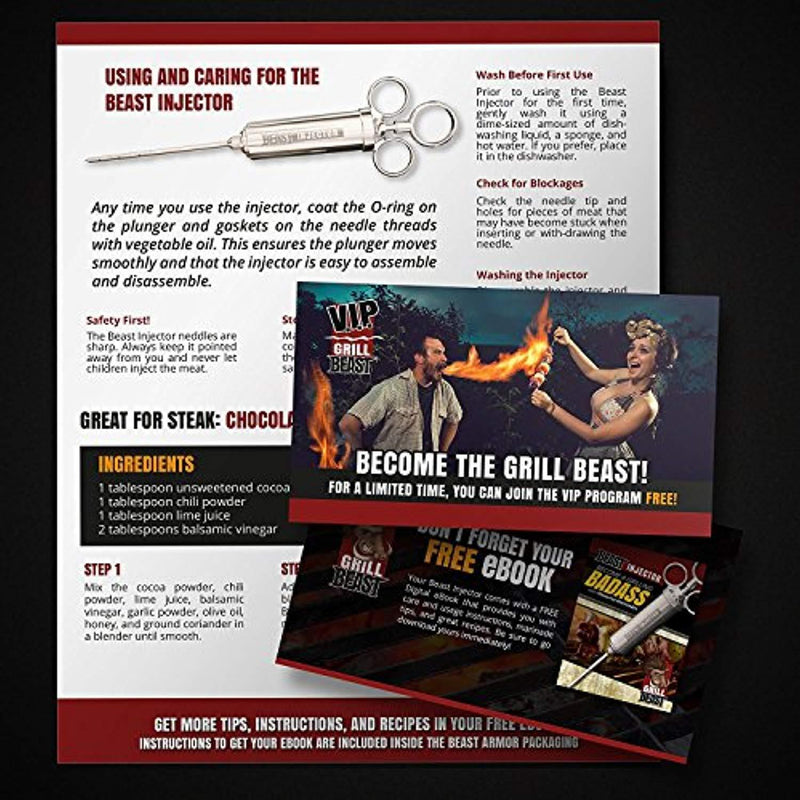 Grill Beast - 304 Stainless Steel Meat Injector Kit with 2-oz Large Capacity Barrel and 3 Professional Marinade Needles