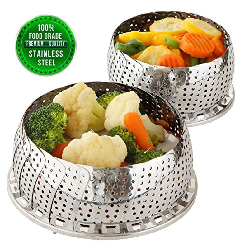 Two-Pack (Large and Standard) Vegetable Steamer Basket Set - 2X Steamer Inserts for Instant Pot + Safety Tool - 100% Stainless Steel - Pressure Cooker & Instant Pot Accessories, Pot in Pot - Egg Rack