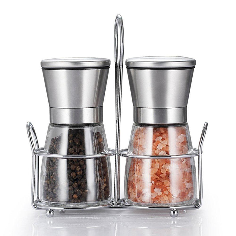 TGY Grinder Set with Stand Adjustable Coarseness Salt & Pepper Shakers Glass Mill Brushed