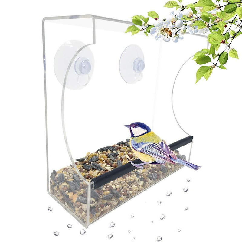 Sparrow Decor GB-6850 Deluxe Clear Window Bird Feeder, Large Wild Birdfeeder with Drain Holes, Removable Tray, Super Strong Suction Cups, Transparent Viewing, Covered, High Seed Capacity, Rubber Perch