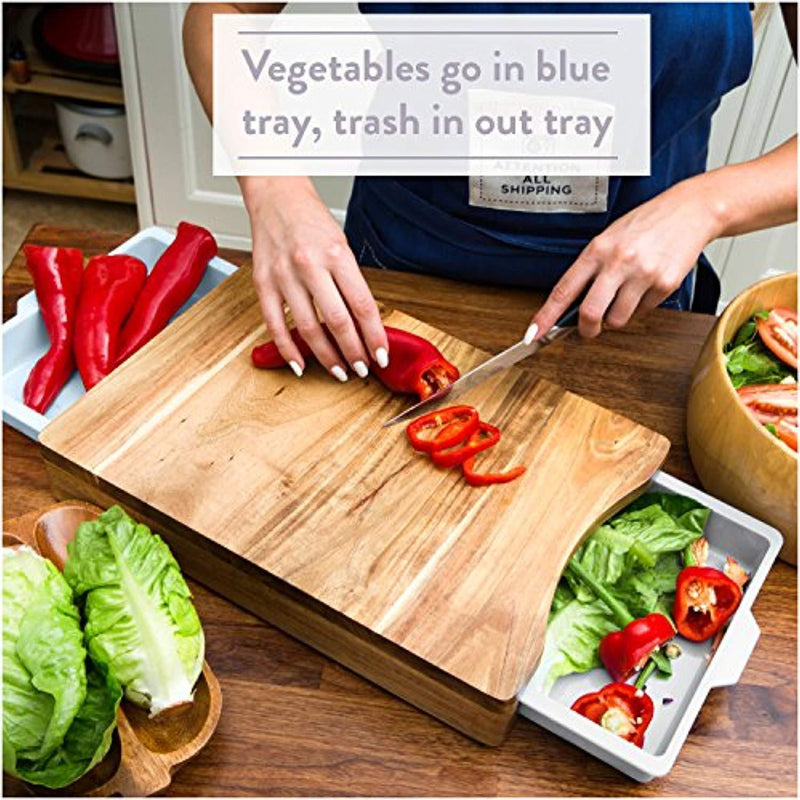 Cutting Board with Trays - Organic Acacia Wood Butcher Block with Containers White Pale Blue - Naturally Antimicrobial - For Meat Vegetables Bread or Cheese Board