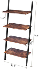 KingSo Ladder Shelf 4-Tier Bookshelf Leaning Storage Rack Shelves for Living Room Kitchen Home Office Metal Frame Stable Sloping Industrial Ladder Shelfs Leaning Against The Wall Rustic Brown