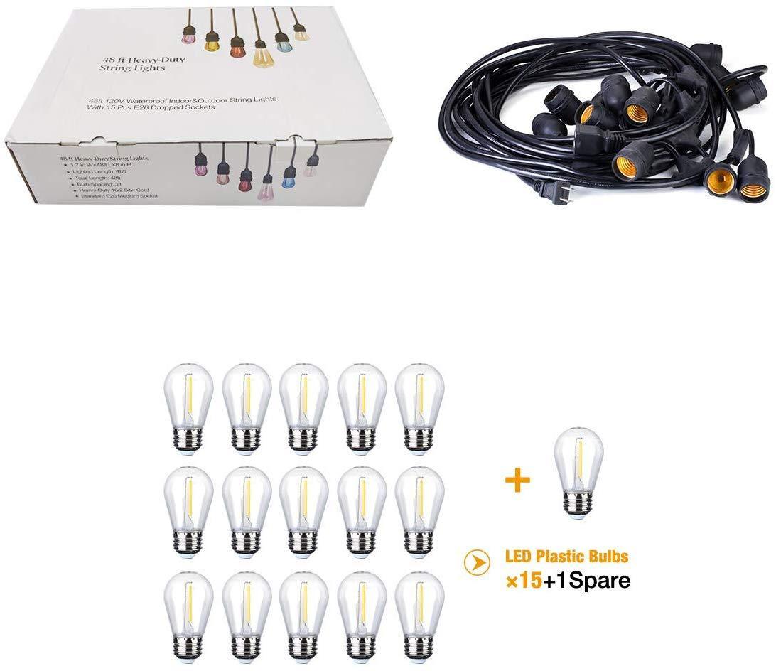 FOXLUX Outdoor String Lights - 48 ft Shatterproof and Waterproof Heavy-Duty LED Outdoor Lights - 15 Hanging Sockets, 1 W Plastic Bulbs - Create Ambience for Patio, Backyard, Garden, Bistro, Cafe