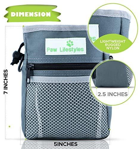 Paw Lifestyles – Dog Treat Training Pouch – Easily Carries Pet Toys, Kibble, Treats – Built-in Poop Bag Dispenser – 3 Ways to Wear – Grey