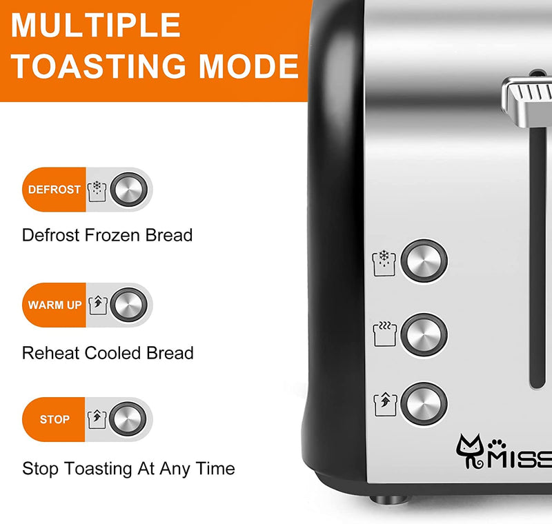 Abosi Toaster 2 Slice Wide Slot Abosi Small Retro Stainless Steel Toaster with Defrost/Warm Up/Stop Function,Mini Compact Bread Toasters,6 Shade Settings,Removable Crumb Tray,Black