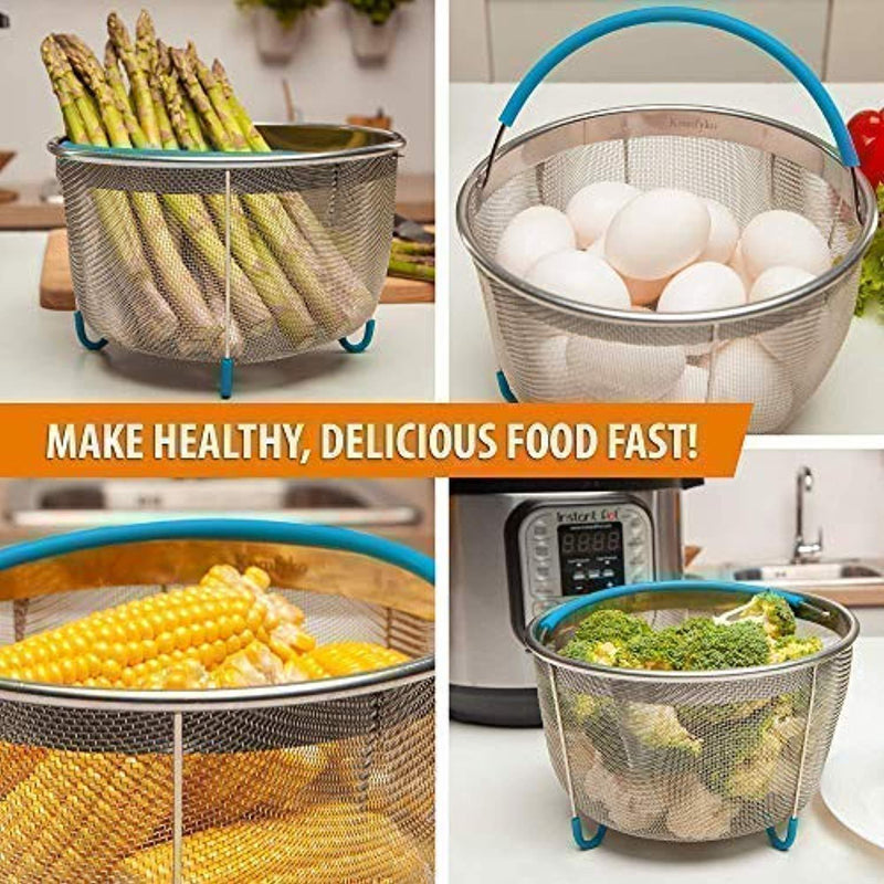 Komfyko Steamer Basket 6 Quart [8qt Available] - Compatible With Instant Pot Accessories 6 qt and Other Pressure Cooker Brands - IP Stainless Steel Insert with Silicone Handle and Feet for InstaPot.