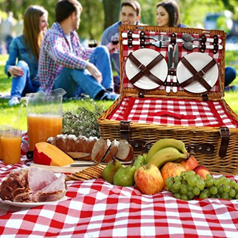 UPGRADED Picnic Basket 2019 Model - INSULATED 4 Person Wicker Hamper - Premium Set with Plates, Wine Glasses, Flatware and Napkins