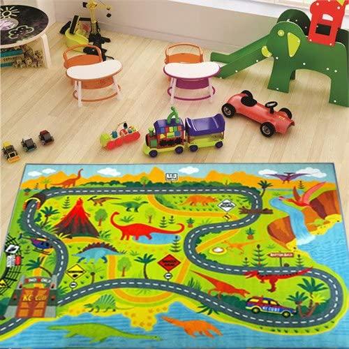 KC Cubs Playtime Collection Dinosaur Dino Safari Road Map Educational Learning & Game Area Rug Carpet for Kids and Children Bedrooms and Playroom (5'0" x 6'6")