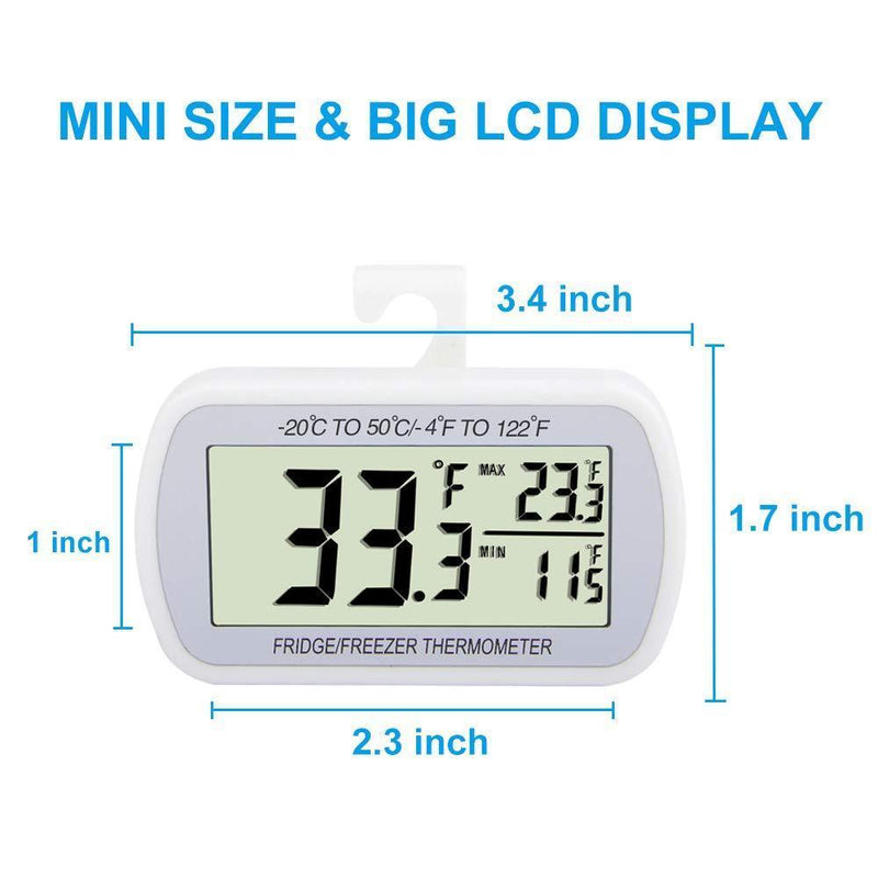Mini Refrigerator Fridge Thermometer, 2 Pack Digital Freezer Thermometer  Waterproof Room Thermometer with Hook, Large LCD Display