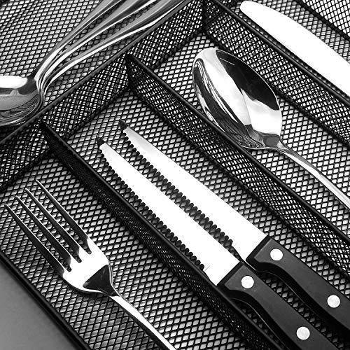 KaryHome 24 Piece Silverware Teivio  Set, Flatware Utensils Set Mirror Polished, Dishwasher Safe Service for 4, Include Knife/Fork/Spoon/Steak Knife/Wire Mesh Steel Cutlery Holder Storage Trays (Silver)