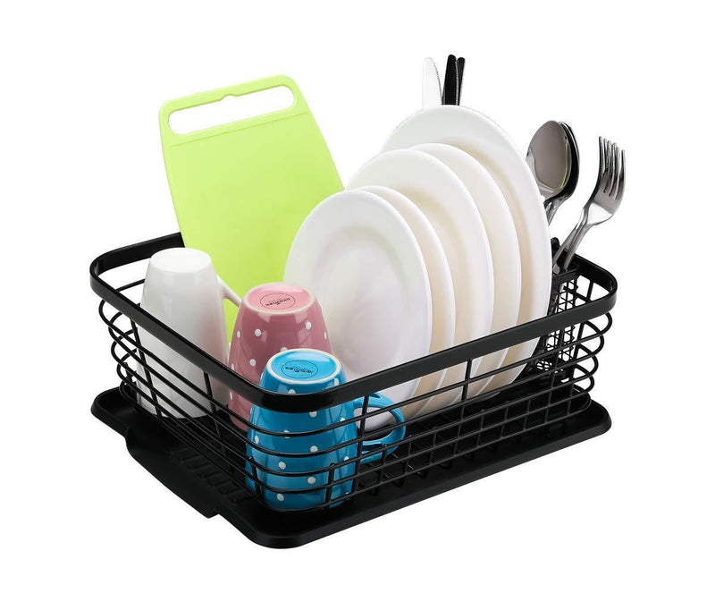 Denozer Kitchen Sink Dish Drainer Rack with Drainboard and Utensils Basket, Black