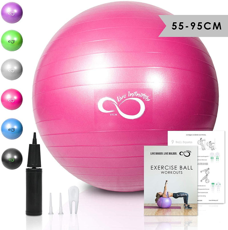 Live Infinitely Exercise Ball (55cm-95cm) Extra Thick Professional Grade Balance & Stability Ball- Anti Burst Tested Supports 2200lbs- Includes Hand Pump & Workout Guide Access