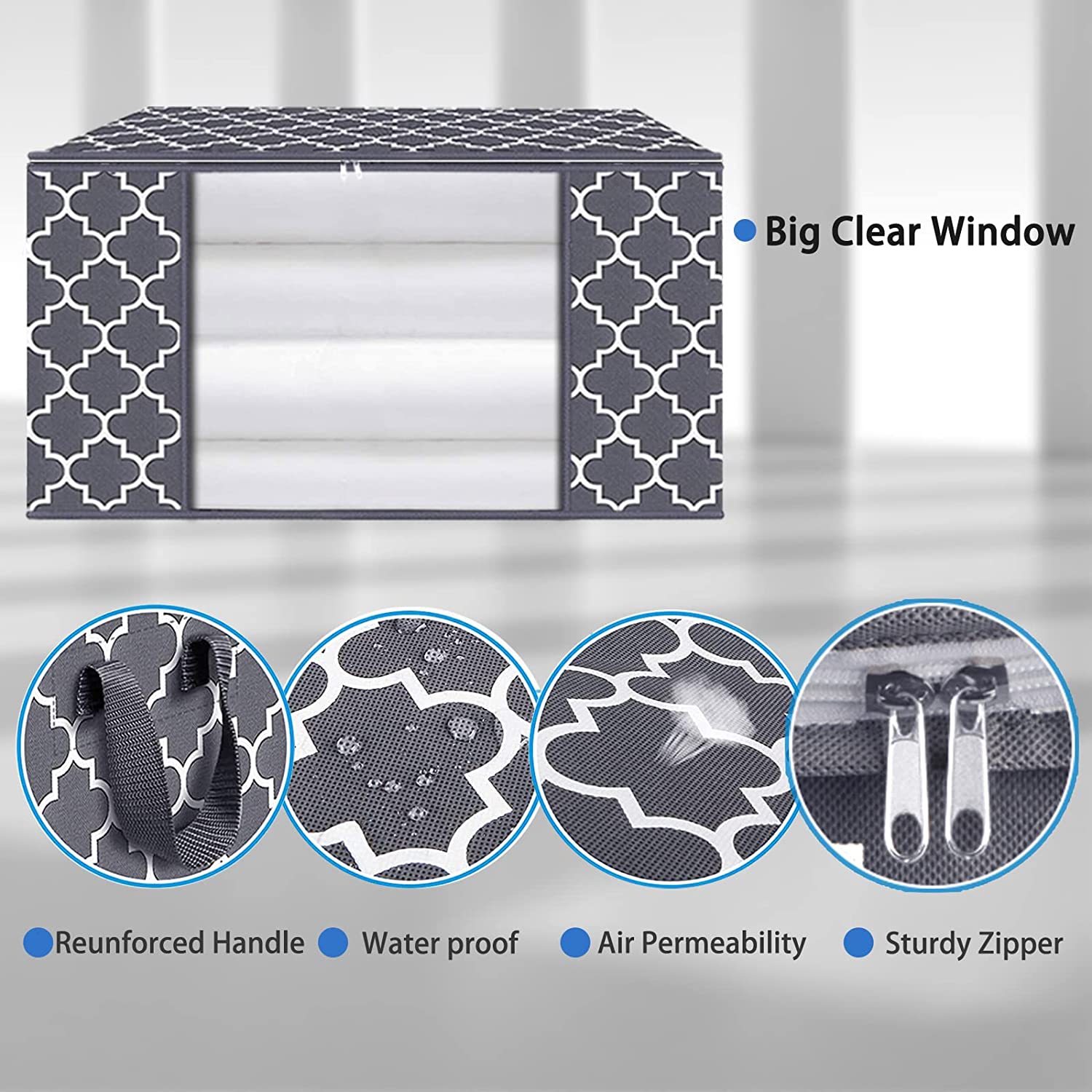 QYQBOON Large Clothes Storage Bags 100L Storage Bins Organizer Clothing Thicken Storage Containers for Comforter Blanket Bedding, Foldable with Reinforced Handle, Clear Window, Sturdy Zippers, 3 Pack