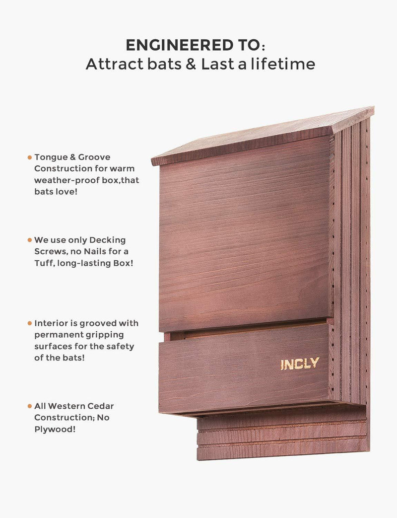 INCLY Bat House Kit for Outdoors 15"x9.2"x3.2" Shelter Box Double Chamber Dark Natural Cedar Wood, Pre-Finished Easy to Install