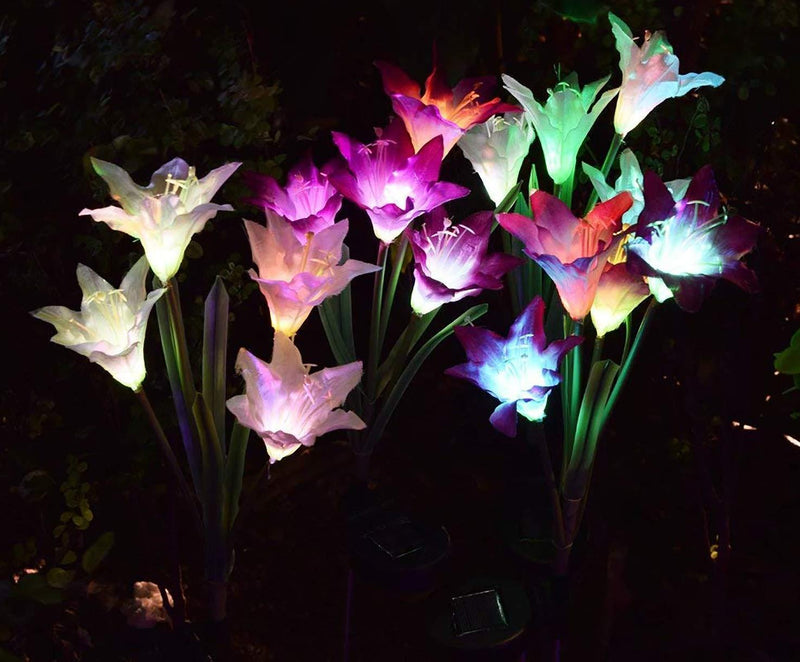AWJ Products [4 Pack] Solar Lights Outdoor - Solar Garden Lights with 16 Lily Flowers | Color Changing LED Solar Stake Lights for Garden, Patio, Path, Backyard