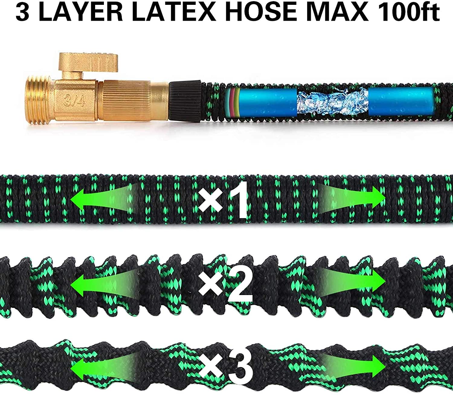 OUTAD Garden Hose 100ft Expandable Water Hose Lightweight, Pipe 3 Layers of Latex, 3/4" Solid Brass Connectors, Flexible Hose with 8 modes Spray Gun, Easy Storage Kink Free Garden Supplies