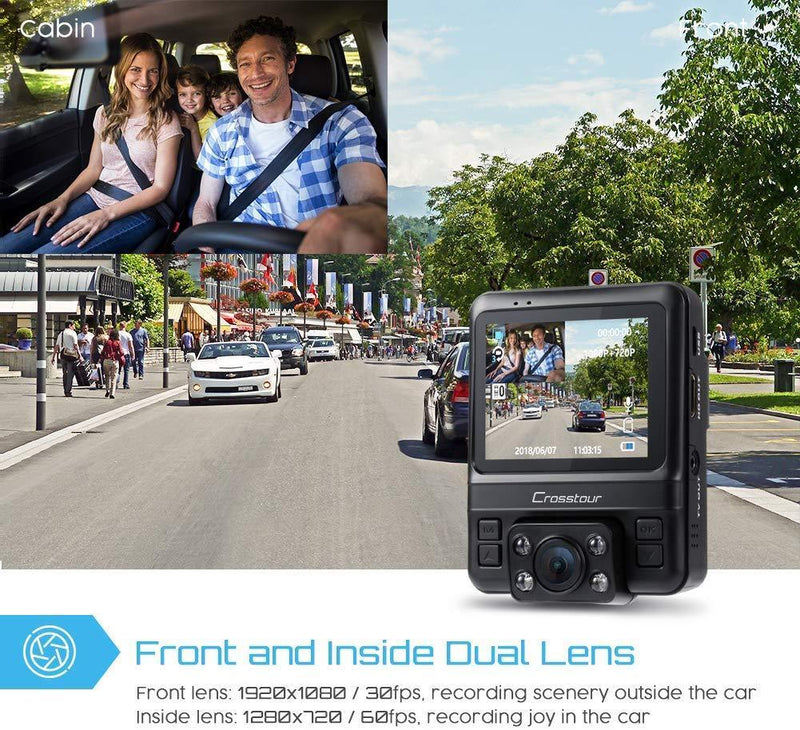 Uber Dual Lens Dash Cam Built-in GPS Car Camera Crosstour 1080P Front and 720P Inside with Parking Monitoring, Infrared Night Vision, Motion Detection, G-Sensor and WDR