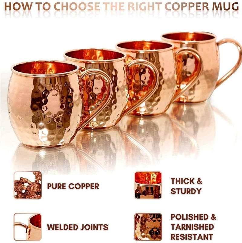 B. WEISS Moscow Mule Copper Mugs 100% Pure Copper, Premium Quality Set Of 4 Copper Mugs 16 Oz Solid Copper cups+JIGGER+STRAWS+COASTERS+SPOON -HANDCRAFTED- Food Safe- Gift Set