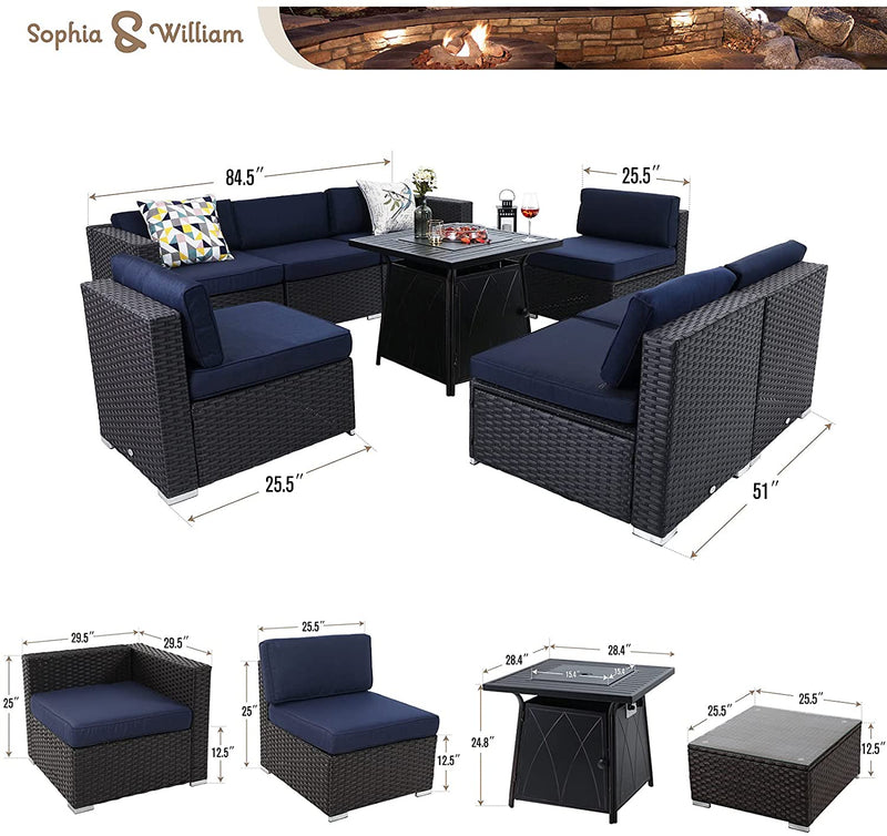 Sophia & William Patio Furniture Sectional Sofa Set with Gas Fire Pit Table 9 Piece Wicker Rattan Outdoor Conversation Sets W/Coffee Table, CSA Approved Propane Fire Pit (Navy Blue-Square Table)