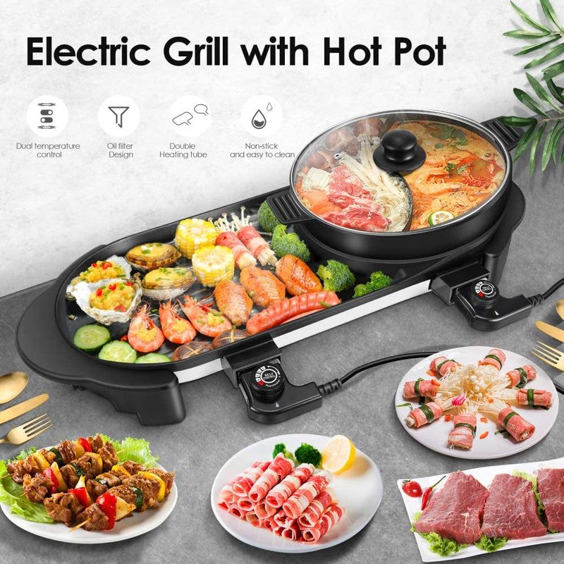 SEAAN Electric Hot Pot Grill Indoor Shabu Shabu Pot with Divider Smokeless Korean BBQ Teppanyaki Grill, Separate Dual Temperature Control, Capacity for 1-8 People,110V(Black)