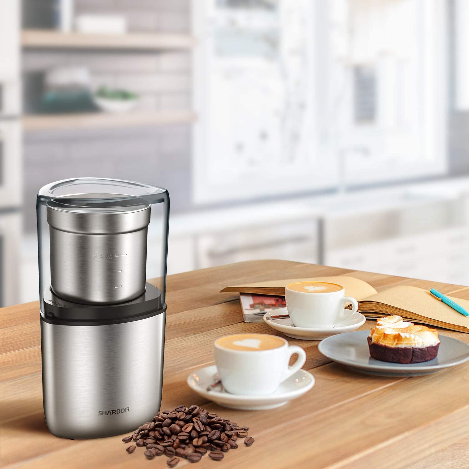 SHCRDOR Electric Coffee Bean Grinder, Spice Grinder, 1 Removable Bowl with Stainless Steel Blade, Silver