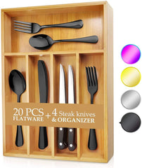 KaryHome  24-Piece Silverware  Set, Flatware Set Mirror Polished, Dishwasher Safe Service for 4, Include Knife/Fork/Spoon with Bamboo 5-Compartment Silverware Drawer Organizer Box