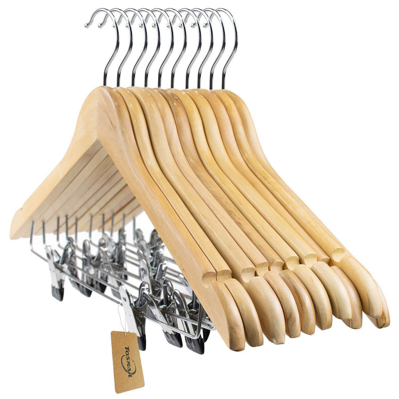Tosnail 10-Pack Wooden Pant Hanger, Wooden Suit Hangers with Steel Clips and Hooks, Natural Wood Collection Skirt Hangers, Standard Clothes Hangers