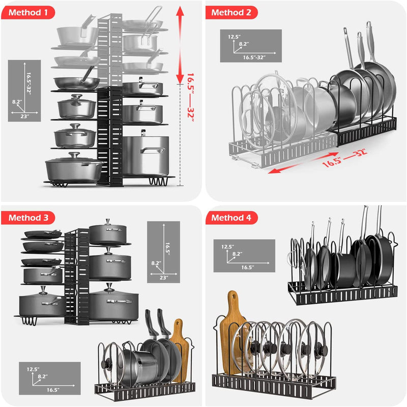 Duerer Pan Rack Organizer, Extensible Pots and Pans Organizer with 4 DIY Methods, 14 Non-Slip Tiers Adjustable Height and Position, Black Metal Pot Pan Rack for Kitchen Cabinet Organizer and Storage