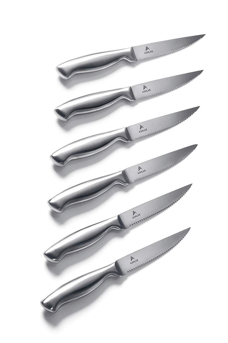 Ashlar Steak Knives Set of 6 Serrated Stainless Steel Dishwasher Safe Ideal Family Dinner Kitchen Set Premium Full Edge Serration Rust Resistant
