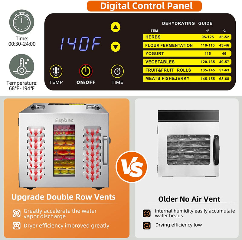 Septree Food Dehydrator for Jerky, Meat, Fruit, Beef, Herbs, and Pet Food, 10 Trays Stainless Steel Commercial Dryer Machine, 1000W, Adjustable Timer, Digital Temperature Control, Over Heat Protection, Silver