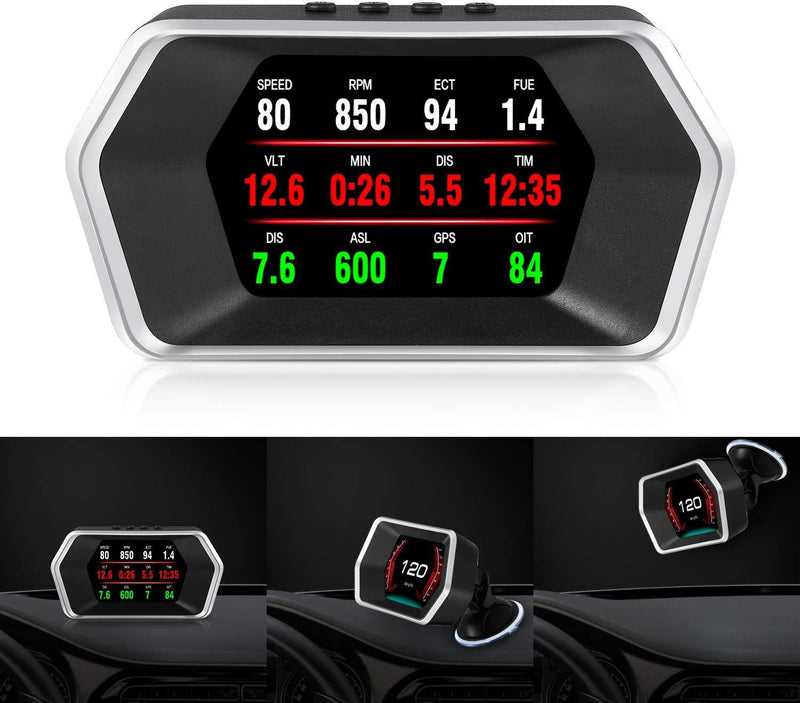 Car HUD OBD2/GPS Dual Systems Head Up Display iKiKin Digital Car GPS Speedometer with Compass Test Brake Test Fault Code Reader Engine RPM OverSpeed Alarm Water Temperature for All Vehicle