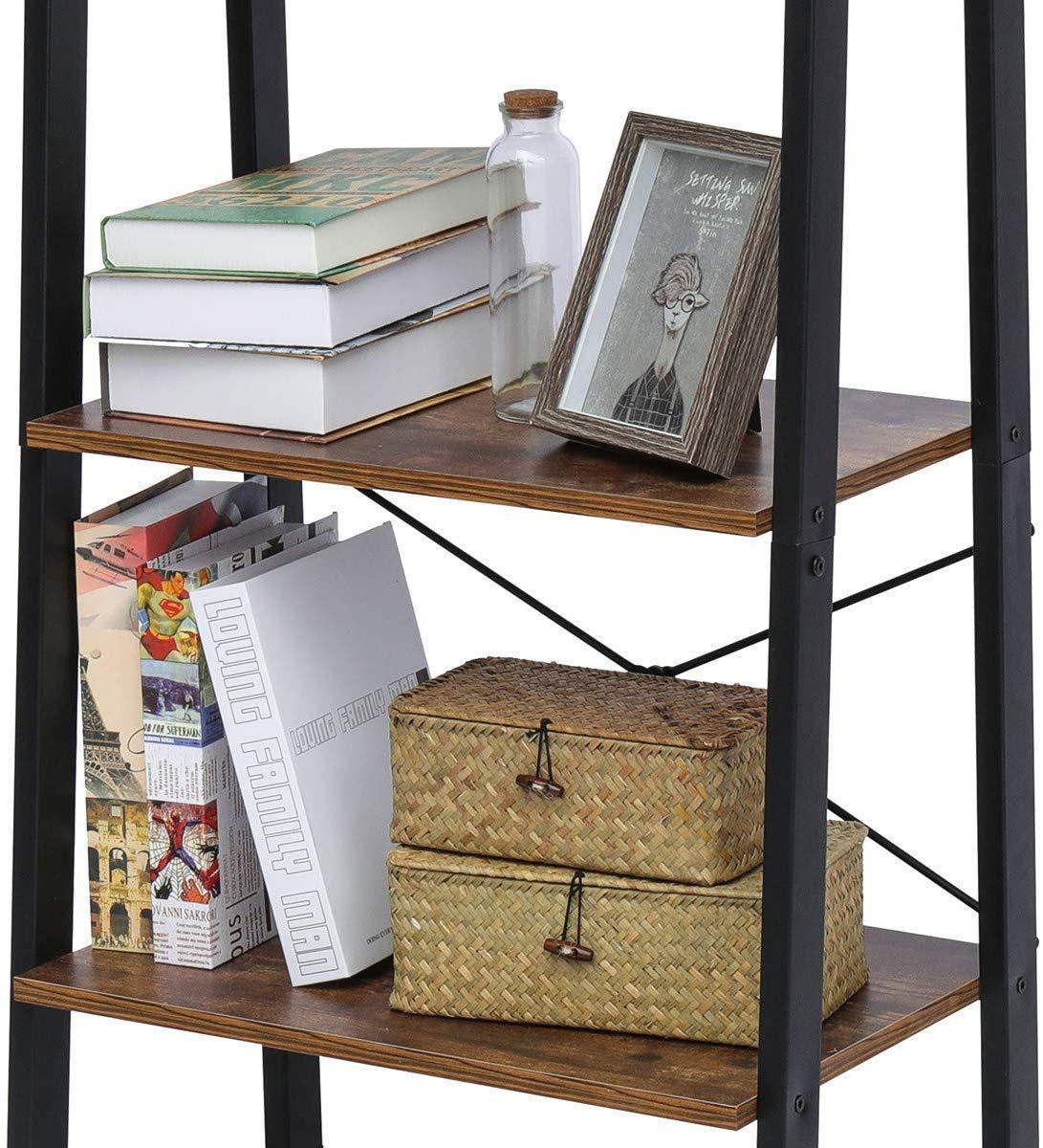 KingSo Industrial Ladder Shelf 4-Tier Shelves Vintage Rustic Storage Rack Shelves, Wood Look Accent Furniture, Metal Frame for Living Room Study Lounge Bedroom Office