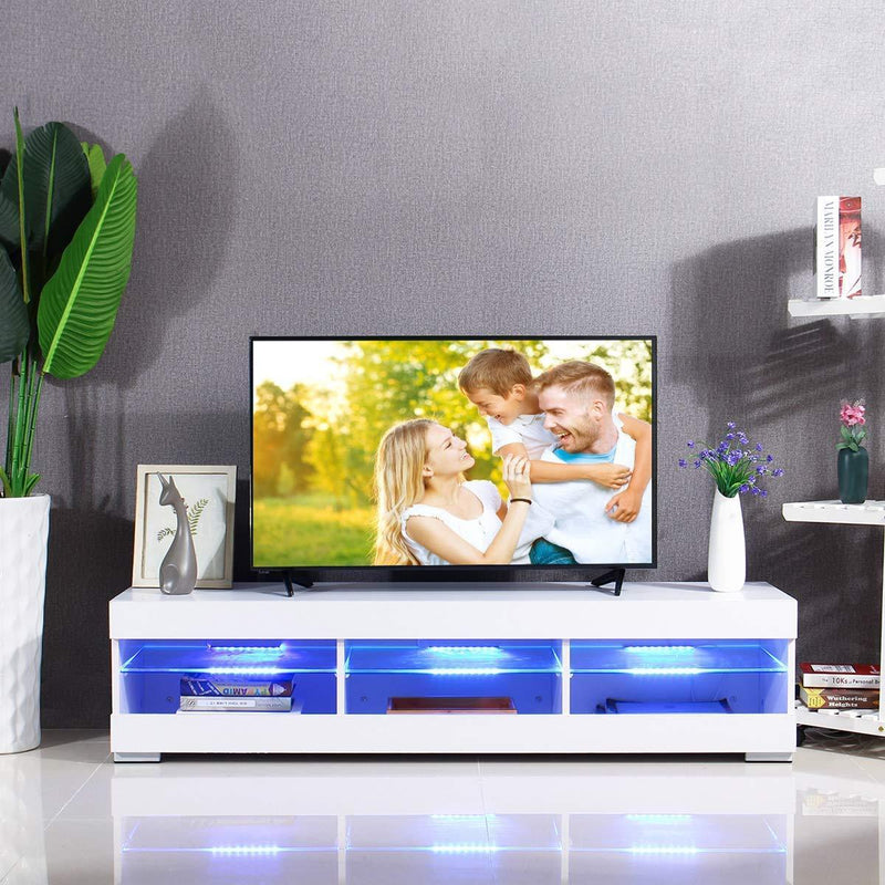 KingSo TV Stand for 55 Inch TV, TV Stands with Led Lights Entertainment Center, High Gloss TV Table TV Cabinet Modern TV Console Living Room Furniture - Wood Brown