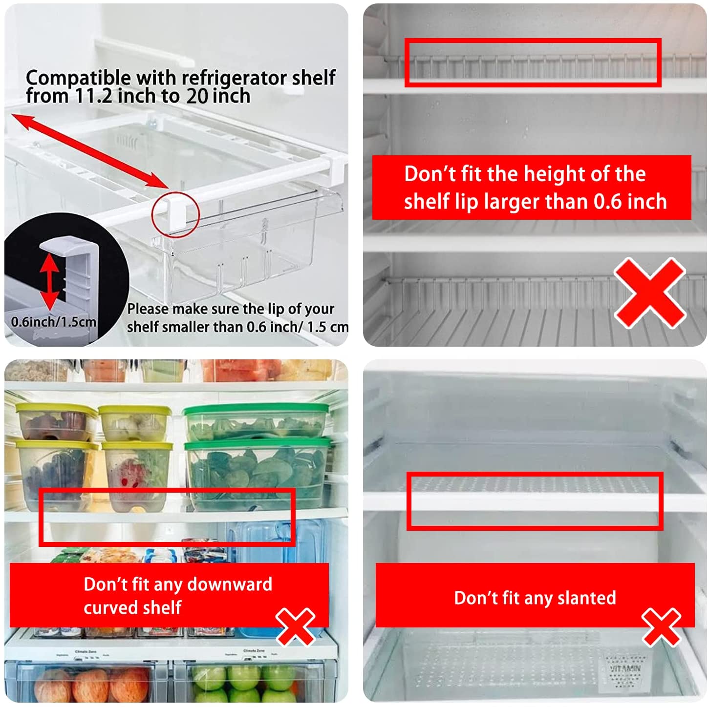 KaryHome 2 Pack Fridge Drawer Organizer, Refrigerator Organization and Storage Box, Refrigerator Drawers for Fruit and Vegetable, Fit for Fridge Shelf Under 0.6""