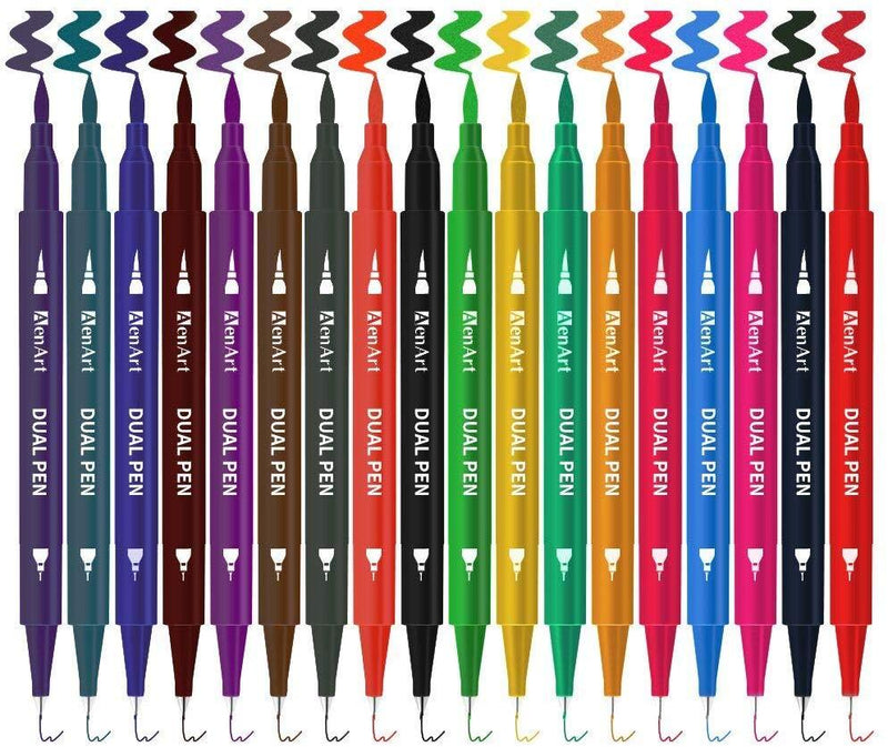 18 Pack Dual Brush Calligraphy Marker Pens for Beginners, Brush Tips & Colored Fine Point Bullet Journal Pen Set for Lettering Writing Coloring Drawing (School Office Art Supplies) by Aen Art